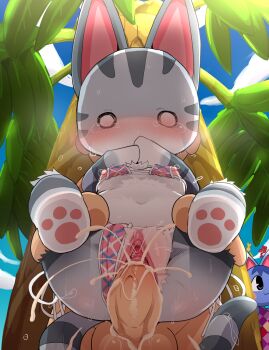 1boy 2girls animal_crossing animal_ears bikini bikini_bottom_aside blush body_fur breasts cat_ears cat_tail clothing_aside cum dagasi furry furry_female furry_with_non-furry hetero highres interspecies loli lolly_(animal_crossing) multiple_girls nintendo nipples outdoors pawpads penis pussy reverse_suspended_congress rosie_(animal_crossing) sex sex_from_behind small_breasts swimsuit tagme tail tears testicles uncensored villager_(animal_crossing)