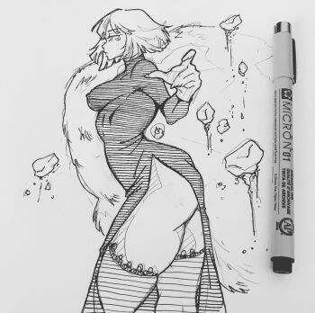 1girl alybmanart bob_cut curly_hair drawing_tablet dress floating floating_rock fubuki_(one-punch_man) highres impossible_clothes impossible_dress inverted_bob levitation one-punch_man short_hair solo telekinesis thick_thighs thighs tight_clothes tight_dress traditional_media