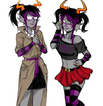 1other adjusting_eyewear alternate_costume aquarius_(symbol) bare_shoulders belt belt_skirt belted_jacket black_arm_warmers black_belt black_hair black_skirt black_thighhighs blank_eyes blush brown_coat coat collared_shirt colored_skin colored_tips crop_top earrings fins glasses gold_earrings gold_ring grey_skin hand_on_own_hip head_fins high_ponytail highres homestuck horns jewelry jojomaster1o1 multicolored_hair multiple_rings multiple_views navel navel_piercing off-shoulder_shirt off_shoulder one_eye_closed opaque_glasses orange_horns other_focus piercing ponytail purple-framed_eyewear purple_arm_warmers purple_belt purple_hair purple_straps purple_thighhighs rectangular_eyewear red_skirt ring shirt sidelocks skirt solo standing standing_on_one_leg stomach striped_arm_warmers striped_clothes striped_thighhighs thighhighs trench_coat troll_(homestuck) twintails white_shirt zoologer_coolscar