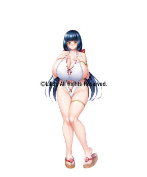 1girl :&gt; alternate_costume aoi_nagisa_(metalder) blue_hair blush breasts copyright_name curvy female_focus full_body gigantic_breasts hands_on_own_chest highleg highleg_one-piece_swimsuit highres lilith-soft long_hair looking_at_viewer mikami_chizu navel official_alternate_costume official_art one-piece_swimsuit sandals shiny_skin smile solo standing swimsuit taimanin_(series) taimanin_rpgx toes very_long_hair white_background white_one-piece_swimsuit wide_hips yellow_eyes