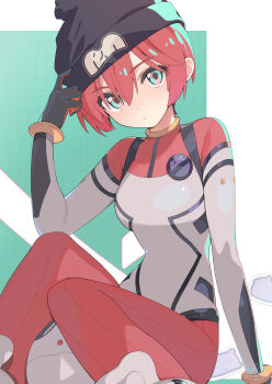 Rule 34 | 1girl, absurdres, amate yuzuriha, aqua eyes, beanie, black hat, bodysuit, breasts, closed mouth, commentary, gundam, gundam gquuuuuux, haro, hat, highres, holding, looking at viewer, mecha pilot suit, multicolored bodysuit, normal suit (gundam), red hair, ribbed bodysuit, shin no tenpii, short hair