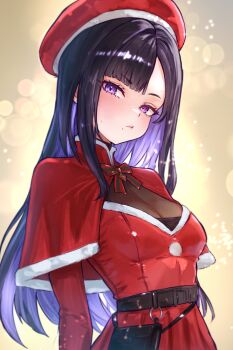 1girl absurdres bag belt beret black_hair blunt_bangs blurry blush bow breasts commentary depth_of_field dress eunhwa_(nikke) fur-trimmed_shawl fur_trim goddess_of_victory:_nikke hat highres kunimoto_rikuya long_hair looking_at_viewer mole mole_under_mouth purple_eyes red_bow red_dress red_hat red_shawl shawl small_breasts solo standing upper_body
