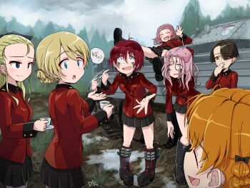 6+girls absurdres assam_(girls_und_panzer) black_skirt blonde_hair blue_eyes blush boots bow braid breasts closed_eyes closed_mouth commentary_request cranberry_(girls_und_panzer) cup darjeeling_(girls_und_panzer) emblem girls_und_panzer green_eyes hair_bow hair_over_one_eye hair_ribbon highres holding holding_cup jacket kuroneko_douji laughing long_hair looking_at_another military_uniform military_vehicle miniskirt motor_vehicle mud multiple_girls open_mouth orange_hair orange_pekoe_(girls_und_panzer) outdoors peach_(girls_und_panzer) pink_hair pointing pointing_at_self red_hair red_jacket ribbon rosehip_(girls_und_panzer) short_hair skirt small_breasts smile st._gloriana&#039;s_(emblem) st._gloriana&#039;s_military_uniform tank teacup vanilla_(girls_und_panzer) wet wet_clothes wide-eyed