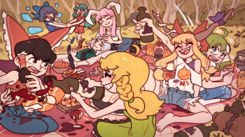 Rule 34 | alcohol, alternate costume, animal ears, barefoot, blanket, blush, bottle, bow, braid, breasts, cirno, crossed legs, cup, cupping glass, curly hair, dog ears, dog girl, dog tail, dress, drink, drinking glass, drunk, evening gown, feet, food, foot focus, forest, frog hair ornament, glass, grass, green eyes, green hair, grin, hair bow, hair ornament, hakurei reimu, highres, holding, holding cup, horns, ibuki suika, kariyushi shirt, kirisame marisa, kochiya sanae, komano aunn, konpaku youmu, legs, long hair, manganart, multiple girls, nature, necktie, no shoes, oni, open mouth, picnic, picnic basket, picnic blanket, pouring, pouring onto self, purple hair, rabbit ears, red shirt, red wine, reisen udongein inaba, sandwich, shirt, short hair, short sleeves, shorts, single horn, sitting, skirt, sleeping, smile, snake hair ornament, soles, spill, spilling, table, tail, thermos, toenails, toes, touhou, wine, wine bottle, wine glass