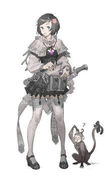 1girl ? ahoge aqua_eyes belt_pouch black_hair blue_eyes capelet fantasy flower garter_straps green_eyes grey_hair hair_flower hair_ornament hairclip highres jewelry kilart monkey necklace original parted_bangs potion pouch ribbon rose seamed_legwear sheath sheathed shoes short_hair side-seamed_legwear skirt solo_focus swept_bangs sword tail tail_ornament tail_ribbon thighhighs weapon white_thighhighs
