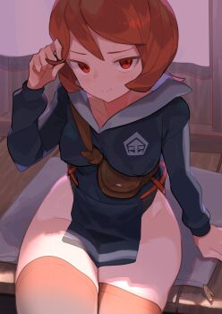 1girl adapted_costume arezu_(pokemon) bag between_breasts black_dress blush breasts closed_mouth covered_erect_nipples cushion day dress hand_in_own_hair hand_up highres long_sleeves looking_at_viewer medium_breasts nintendo outdoors pokemon pokemon_legends:_arceus red_eyes red_hair red_thighhighs short_dress short_hair sitting smile solo spring2013 strap_between_breasts sunlight thighhighs thighs v-shaped_eyebrows