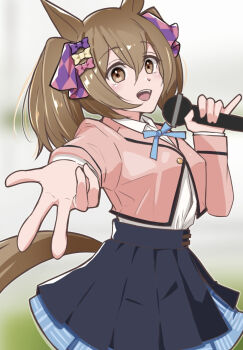 Rule 34 | 1girl, animal ears, blue skirt, blush, bow, breasts, brown eyes, brown hair, collared shirt, concert, enukee, hair between eyes, hair bow, hair ornament, highres, holding, holding microphone, horse ears, horse girl, horse tail, jacket, long hair, long sleeves, looking at viewer, medium hair, microphone, multiple hair bows, open mouth, outstretched arm, pink bow, pink jacket, purple bow, shirt, skirt, smart falcon (umamusume), smile, solo, tail, teeth, twintails, umamusume, upper teeth only, w, white shirt