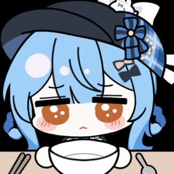 1girl :&lt; animated animated_gif artist_collaboration black_hat blue_hair blunt_bangs blush_stickers bowl braid braided_hair_rings brown_eyes chibi chibi_only chunye_haruya closed_mouth hair_rings hat holding holding_bowl looking_at_viewer lowres mahou_shoujo_no_majo_saiban nekoyashiki_riri no_nose pleading_eyes short_hair simple_background solo tachibana_sherry transparent_background upper_body