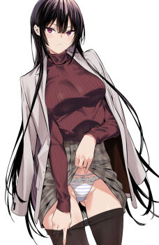 1girl black_hair black_pantyhose breasts clothes_lift clothes_pull gluteal_fold grey_jacket groin hair_between_eyes haite_kudasai_takamine-san high-waist_skirt hiiragi_yuuichi jacket jacket_on_shoulders large_breasts lifting_own_clothes long_hair long_sleeves looking_at_viewer o-ring o-ring_bottom o-ring_panties open_clothes open_jacket panties pantyhose pantyhose_pull parted_lips plaid_clothes plaid_skirt pulling_own_clothes simple_background skirt skirt_lift solo striped_clothes striped_panties takamine_takane thighs turtleneck underwear