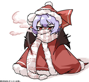 1girl bat_wings blanket blush breath chibi chibi_only cold commentary_request dated ear_blush folded_wings fur_trim hat highres looking_at_viewer one-hour_drawing_challenge purple_hair red_eyes remilia_scarlet scarf short_hair signature solo touhou vampire ve1024 wings winter