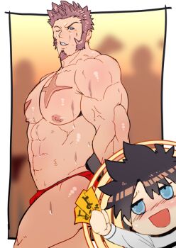 2boys abs aroused bara biceps bikini_briefs blue_eyes blush bodybuilder brown_hair bulge cheering facial_hair fate/grand_order fate_(series) feet_out_of_frame flexing from_side fujimaru_ritsuka_(male) goatee holding holding_money large_pectorals long_sideburns male_focus male_underwear mature_male money multiple_boys muscular muscular_male napoleon_bonaparte_(fate) naughty_face navel nikuo_(29niku) nipples one_eye_closed pectorals red_male_underwear seductive_smile short_hair side_chest_pose sideburns smile solo_focus stomach stripper sweat thighs topless_male triceps underwear veins veiny_arms yaoi
