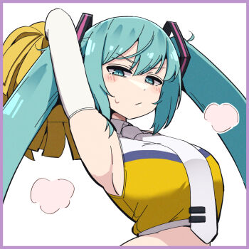 1girl aqua_eyes aqua_hair arm_behind_head armpits ass blush border breasts cheerleader close-up crop_top elbow_gloves english_text from_side gloves hair_ornament hatsune_miku highres kooei long_hair long_twintails medium_breasts midriff necktie pom_pom_(cheerleading) purple_border request_inset shirt skindentation skirt sleeveless sleeveless_shirt slit_pupils solo standing sweat thick_thighs thighhighs thighs twintails very_long_hair vocaloid white_background white_gloves white_thighhighs yellow_pom_poms yellow_shirt yellow_skirt