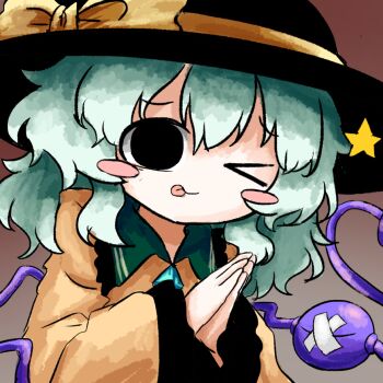 >_o 1girl black_hat blush_stickers bow brown_background buttons closed_mouth collared_shirt commentary_request contrast_collar crossed_bandaids diamond_button disembodied_linked_eye eyeball frilled_shirt_collar frilled_sleeves frills gradient_background green_eyes green_hair hat hat_bow heripantomorrow komeiji_koishi long_sleeves looking_at_viewer one_eye_closed own_hands_together palms_together shirt smile solo tongue tongue_out touhou wide_sleeves yellow_bow yellow_shirt