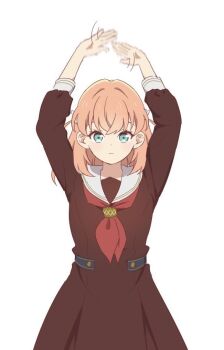 1girl :| aqua_eyes arms_up brown_dress closed_mouth crossed_bangs dancing dress expressionless hair_ornament hasu_no_sora_school_uniform heisei_gals!!!!_(love_live!) hinoshita_kaho link!_like!_love_live! long_sleeves looking_at_viewer love_live! makki_do motion_blur neckerchief orange_hair pleated_dress rabbit_hair_ornament red_neckerchief sailor_collar sailor_dress school_uniform simple_background solo two_side_up virtual_youtuber white_background white_sailor_collar winter_uniform