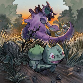 absurdres battle bright_pupils bulbasaur commentary_request fangs gen_1_pokemon grass highres level-00 nidoking nidoqueen nintendo no_humans open_mouth outdoors pokemon pokemon_(creature) red_eyes rock running sky tongue twilight white_pupils