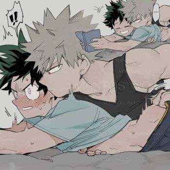 2boys ass awkward bakugou_katsuki blonde_hair blush boku_no_hero_academia curly_hair freckles green_eyes green_hair highres lying messy_hair midoriya_izuku multiple_boys on_stomach reading red_eyes shirt spiked_hair surprised yaoi