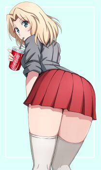 1girl :t aqua_background ass blonde_hair blue_eyes breasts coca-cola cup disposable_cup drinking_straw drinking_straw_in_mouth from_behind girls_und_panzer grey_jacket hair_intakes hashtag-only_commentary highres holding holding_cup jacket kay_(girls_und_panzer) leaning_forward looking_at_viewer looking_back miniskirt omachi_(slabco) pleated_skirt red_skirt school_uniform simple_background skirt solo thighhighs white_thighhighs zettai_ryouiki