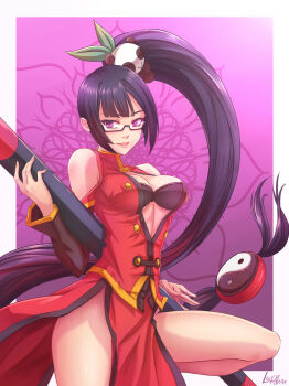Rule 34 | 1girl, artist name, bare shoulders, black hair, blazblue, blazblue: calamity trigger, bra, breasts, china dress, chinese clothes, cleavage, cowboy shot, dress, female focus, fighting stance, flower, glasses, hair ornament, holding, holding weapon, lao jiu, large breasts, leg up, leoribeiro, litchi faye ling, long hair, long sleeves, looking at viewer, low-tied long hair, open clothes, parted lips, pink eyes, ponytail, semi-rimless eyewear, side ponytail, smile, solo, staff, standing, underwear, very long hair, weapon