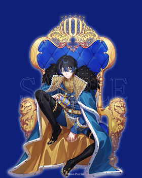 1boy :/ aogiri_eito arched_crown belt black_boots black_hair blue_background blue_cape blue_hair blue_jacket blue_pants boots cape closed_mouth contrast_lapels copyright_notice cross cross_earrings crossed_bangs crown earrings expressionless full_body fumiko_(throughx2) fur-trimmed_cape fur_trim gold_belt gold_earrings grey_eyes holding holding_crown jacket jewelry knee_up lapels long_sleeves looking_at_viewer low_block_heels male_focus multiple_rings neo-porte official_art pants ring sample_watermark shirt short_hair simple_background sitting sitting_on_throne sleeve_cuffs solo spread_legs thigh_boots throne two-sided_cape two-sided_fabric unworn_crown virtual_youtuber watermark yellow_cape yellow_shirt