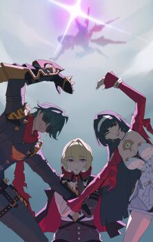 1boy 2girls absurdres aragiken arm_up astra_yao black_coat black_gloves black_hair black_jacket black_pants blonde_hair blue_sky breasts chest_harness cleavage coat coat_on_shoulders commentary dress elbow_gloves english_commentary ethereal_(zenless_zone_zero) evelyn_chevalier gloves green_hair grin hair_intakes hairband half_gloves harness heart_arms heart_arms_duo high-waist_pants highres jacket jewelry large_breasts leaning_to_the_side lighter_(zenless_zone_zero) livestream long_hair looking_at_viewer multiple_girls necklace necktie one_eye_closed open_mouth outdoors pants pearl_necklace purple_eyes red_eyes red_scarf red_shrug scarf shirt short_hair shoulder_spikes shrug_(clothing) single_elbow_glove single_half_glove sky smile sparkle spiked_jacket spikes strapless strapless_dress studded_gloves sunglasses textless_version uneven_bangs white_dress white_hairband white_shirt yellow_necktie zenless_zone_zero