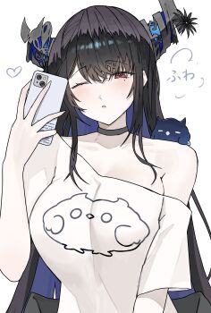 Rule 34 | 1girl, ;o, absurdres, animal, animal on shoulder, asymmetrical horns, bird, bird on shoulder, black hair, blue hair, breasts, cellphone, colored inner hair, crystal horns, demon horns, ewn, flower, hair ornament, highres, holding, holding phone, hololive, hololive english, horn flower, horns, jailbird (nerissa ravencroft), large breasts, long hair, looking at phone, looking at viewer, mole, mole under eye, multicolored hair, nerissa ravencroft, one eye closed, phone, red eyes, selfie, shirt, smartphone, smile, taking picture, two-tone hair, uneven horns, very long hair, virtual youtuber, white shirt