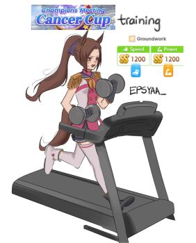 1girl animal_ears asymmetrical_footwear black_gloves black_shorts blue_sailor_collar blush breasts brown_hair dumbbell ear_ornament epaulettes epsyaa flower_in_eye gameplay_mechanics gloves gold_hairband hairband highres holding holding_dumbbell horse_ears horse_girl horse_tail long_hair mismatched_footwear neckerchief open_mouth pink_shirt ponytail purple_eyes running sailor_collar sakura_bakushin_o_(blossom_in_learning)_(umamusume) sakura_bakushin_o_(umamusume) shirt shorts sleeveless solo sweat symbol_in_eye tail thighhighs treadmill umamusume white_shirt white_thighhighs yellow_neckerchief