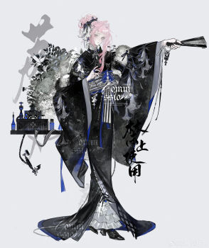 Rule 34 | 1girl, absurdres, angel's trumpet, antique phone, arched bangs, asymmetrical sidelocks, black kimono, black nails, black ribbon, black shoes, block heels, blue gemstone, blue ribbon, blunt ends, bottle, bow, bow ring, brooch, chinese commentary, commission, corded phone, feather boa, floral print, floral print kimono, flower, folded fan, folding fan, frilled kimono, frilled shirt collar, frills, full body, gem, glint, grey bow, grey ribbon, grey sash, hair bun, hair flower, hair intakes, hair ornament, hair ribbon, hairclip, hand fan, hand up, highres, holding, holding fan, japanese clothes, jewelry, kimono, lizhi wan, long sidelocks, long sleeves, looking at viewer, multiple rings, nail polish, neck ribbon, obi, omamori, original, outstretched arm, parted lips, pearl (gemstone), pearl ring, phone, pink eyes, pink hair, plant, print kimono, ribbon, ring, rotary phone, sanpaku, sash, shirt, shirt under kimono, shoes, sidelocks, sideways glance, simple background, single hair bun, solo, standing, striped bow, striped sash, table, thumb ring, watermark, weibo watermark, white background, white flower, white shirt, wide sleeves, wrist ribbon