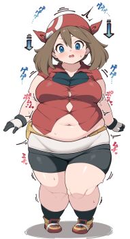 1girl bandana belly belt big_belly bike_shorts black_shorts black_socks blue_eyes blush breasts brown_hair button_gap cleavage fanny_pack fat fat_woman gloves hair_between_eyes heart highres kukuru may_(pokemon) medium_breasts medium_hair midriff navel nintendo open_mouth pokemon pokemon_oras pokemon_rse red_bandana shadow shoes shorts socks solo sound_effects standing sweat thick_thighs thighs tight_clothes trembling white_background