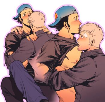 Rule 34 | 2boys, backwards hat, bandaid, bandaid on head, bara, baseball cap, black hair, black pants, black shirt, blue hat, blue pants, blush, chinese commentary, clothes lift, dress shirt, facial hair, goatee stubble, hat, highres, iori junpei, looking at another, male focus, multiple boys, muscular, muscular male, nipples, oldkin, one eye closed, pants, pectorals, persona, persona 3, persona 4: the ultimate in mayonaka arena, sanada akihiko, shirt, shirt lift, short hair, simple background, sitting, sitting on person, stubble, white background, white hair, yaoi