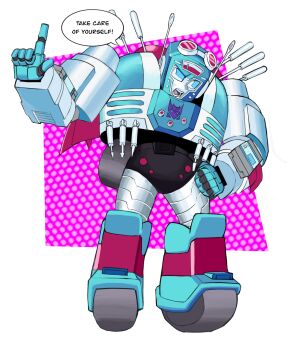 1girl blue_eyes decepticon english_text highres humanoid_robot insignia jetpack nickel_(transformers) parasitenumber9 robot robot_girl solo speech_bubble the_transformers_(idw) transformers wheeled_leg(s)