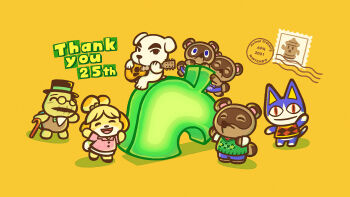 Rule 34 | 1girl, 2001, 6+boys, absurdres, animal crossing, anniversary, apron, black apron, cane, cat, chibi, chibi only, commentary, dog, english commentary, glasses, guitar, gyroid (animal crossing), highres, holding, holding cane, holding guitar, holding instrument, instrument, isabelle (animal crossing), jack russell terrier, k.k. slider (animal crossing), leaf, multiple boys, music, nintendo, official art, playing guitar, playing instrument, postage stamp, raccoon, rover (animal crossing), shiba inu, thank you, timmy (animal crossing), tom nook (animal crossing), tommy (animal crossing), tortimer (animal crossing), tortoise, turtle, waving, yellow background