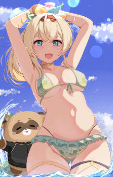 1girl armpits arms_up bikini blonde_hair blue_eyes blue_sky breasts cleavage cloud commentary_request green_bikini highres hiro_(phese) hololive kazama_iroha looking_at_viewer medium_breasts medium_hair open_mouth outdoors partial_commentary pokobee ponytail sky smile solo swimsuit thighhighs virtual_youtuber wading water white_thighhighs