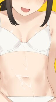 1girl blush bra breasts brown_hair collarbone cum cum_on_body cum_on_stomach fubuki_(kancolle) highres kantai_collection low_ponytail medium_hair navel open_mouth panties ponytail sakiecho sidelocks simple_background sitting small_breasts solo spread_legs stomach underwear white_bra white_panties yellow_background