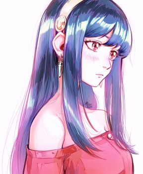 1girl artist_name bare_shoulders black_hair closed_mouth commentary earrings eyelashes from_side hairband highres jewelry kuroiitulip long_hair looking_ahead off-shoulder_sweater off_shoulder red_eyes red_sweater sidelocks simple_background solo spy_x_family sweater white_background yor_briar