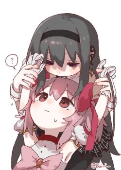 2girls ? akemi_homura armpits black_hair black_hairband bow buivi closed_mouth detached_sleeves earclip gloves hair_bow hairband highres holding_hands kaname_madoka kaname_madoka_(magical_girl) lying_on_lap mahou_shoujo_madoka_magica mahou_shoujo_madoka_magica_(anime) multiple_girls pink_bow pink_eyes pink_hair purple_eyes shaded_face simple_background spoken_question_mark sweat twintails white_background white_gloves yuri