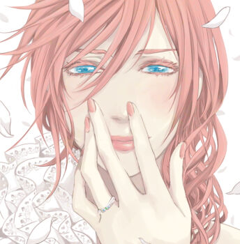10s 1girl blue_eyes blush close-up colored_eyelashes eyelashes female_focus final_fantasy final_fantasy_xiii fingernails hand_to_own_mouth jewelry lightning_farron lips lipstick long_hair looking_at_viewer makeup matenro_(oyanirami) nail_polish ornate_ring petals pink_hair ring simple_background solo wedding_ring white_background