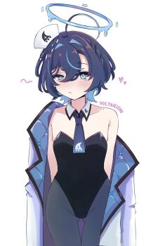 Rule 34 | 1girl, ahoge, artist name, black leotard, blue eyes, blue hair, blue necktie, coat, colored inner hair, detached collar, gluteal fold, grey pantyhose, hair between eyes, hair intakes, halo, hat, highres, indie virtual youtuber, leotard, looking at viewer, melting halo, mizuchima komori, multicolored hair, necktie, nurse cap, pantyhose, short hair, simple background, solo, victarionsc, white background, white coat