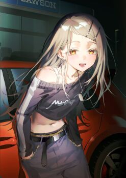 Rule 34 | 1girl, andon, belt, belt buckle, black sweater, blonde hair, blush, buckle, car, colored eyelashes, denim, earrings, gakuen idolmaster, hair ornament, hairclip, hands in pockets, highres, idolmaster, jeans, jewelry, kitk qun, lawson, long hair, looking at viewer, motor vehicle, navel, on car, open mouth, orange eyes, pants, red car, shinosawa hiro, solo, sweater