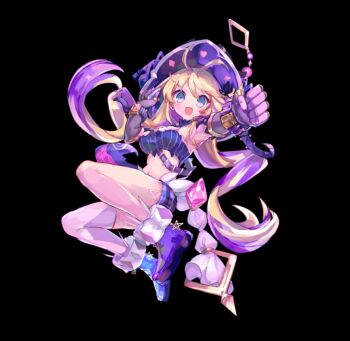 :d ahoge bandeau black_background black_hat blonde_hair blush boots breasts clenched_hand drill_hair earrings full_body gloves grey_gloves hair_between_eyes hat jewelry large_breasts long_hair merc_storia merc_storia_art_team official_art open_mouth outstretched_arm plaid_clothes plaid_shorts praial_(merc_storia) short_shorts shorts sidelocks simple_background smile solo standing tachi-e twin_drills