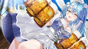 1girl alcohol beer beer_mug blue_dress blue_hair blush breasts commentary_request cowboy_shot cup dress elf german_commentary high_ponytail highres holding holding_cup hololive large_breasts mixed-language_commentary mizuno_kurage mug multicolored_hair oktoberfest open_mouth pink_hair pointy_ears ponytail smile solo two-tone_hair virtual_youtuber yellow_eyes yukihana_lamy