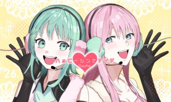 2girls aqua_eyes aqua_hair black_gloves blue_eyes breasts cleavage commentary_request elbow_gloves eyebrows_hidden_by_hair gloves gumi happy_synthesizer_(vocaloid) headset highres long_hair medium_breasts medium_hair megurine_luka multiple_girls open_mouth pink_hair revision smile soyaka vocaloid yellow_background