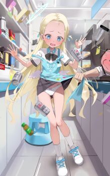 1boy 1girl absurdres apron blonde_hair blue_archive blue_eyes blush bow bowtie doodle_sensei_(blue_archive) halo highres loli long_hair panties sensei_(blue_archive) shaka_(user_fmwh2232) shirt short_sleeves socks sora_(blue_archive) two_side_up underwear white_panties