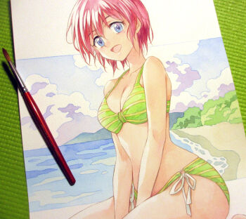 1girl agahari arms_between_legs art_brush art_tools_in_frame beach bikini blue_eyes blue_sky breasts cleavage cloud commentary_request day green_bikini hinomoto_hikari looking_at_viewer medium_breasts ocean open_mouth outdoors paintbrush painting_(medium) photo_(medium) red_hair short_hair side-tie_bikini_bottom sitting sky smile solo striped_bikini striped_clothes swimsuit tokimeki_memorial tokimeki_memorial_2 traditional_media wariza