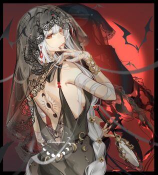 1girl absurdres back_tattoo backless_dress backless_outfit bandaged_arm bandages bat_(animal) black_border black_dress black_nails black_veil border breasts dress from_side hand_mirror hand_up highres holding holding_mirror lace-trimmed_veil lace_trim long_braid long_hair mirror moon_phases official_alternate_costume outside_border red_background red_eyes reverse:1999 semmelweis_(reverse:1999) semmelweis_(the_wax_and_wane_of_the_heart)_(reverse:1999) shadow sideboob sleeveless sleeveless_dress solo tattoo upper_body veil very_long_hair watermark white_hair xixifusi_de_hualun