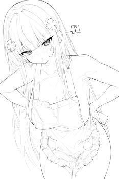 ! 1girl apron bare_arms bare_shoulders blush breasts cleavage collarbone cross facepaint girls&#039;_frontline greyscale hair_ornament hairclip hands_on_own_hips highres hk416_(girls&#039;_frontline) iron_cross koko_(user_hktv5235) large_breasts leaning_forward long_hair looking_at_viewer monochrome naked_apron pout sideboob solo spoken_exclamation_mark standing teardrop thighs very_long_hair