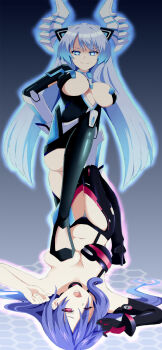 2girls assertive_female blue_eyes blue_hair breasts choujigen_game_neptune compile_heart defeat domination dominatrix femdom highres humiliation idea_factory iris_heart_(neptunia) kiseijou_rei kiseijou_rei_(goddess_form) large_breasts long_hair multiple_girls neptune_(series) pururut red_eyes standing_on_breasts stepping_on_breasts very_long_hair yuri