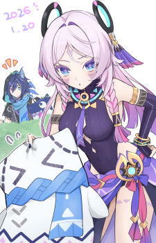 Rule 34 | 1boy, 1girl, black gloves, blue eyes, braid, breasts, citlali (genshin impact), commentary request, elbow gloves, facial mark, fingerless gloves, genshin impact, gloves, highres, long hair, looking at viewer, multicolored hair, ororon (genshin impact), parted lips, pink hair, pink pupils, triangle, triangle facial mark, twin braids, ura (hamburg oniku), vision (genshin impact)