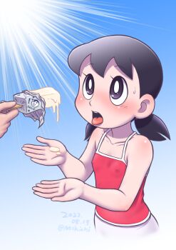 1girl 1other 2023 black_hair blush commentary_request doraemon loli minamoto_shizuka mochi-iri_kinchaku nipples purple_eyes tongue tongue_out twintails