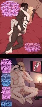 1girl 2boys barefoot bed black_hair black_nails blonde_hair blush breast_sucking collar dark-skinned_male dark_skin earrings english_text feet fishnets gojou_wakana gyaru highres interracial jewelry kiss kitagawa_marin lipstick_mark long_hair multiple_boys netorase nude penis piercing sex sono_bisque_doll_wa_koi_wo_suru uncensored vaginal zeph