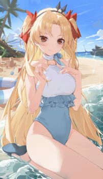 :&gt; absurdres backlighting bare_arms bare_legs bare_shoulders beach black_tiara blonde_hair blue_bow blue_one-piece_swimsuit blue_sandals blue_sky bow bow_choker breasts brown_eyes bucket casual_one-piece_swimsuit chinese_commentary choker closed_mouth cloud cloudy_sky commentary_request covered_navel curtained_hair day diamond_(shape) eimizzzzz ereshkigal_(fate) ereshkigal_(swimsuit_beast)_(fate) fate/grand_order fate_(series) frilled_one-piece_swimsuit frills hair_ribbon hand_on_own_chest hands_up highleg highleg_one-piece_swimsuit highres innertube legs_folded light_blush long_hair looking_at_viewer medium_breasts o-ring o-ring_swimsuit ocean one-piece_swimsuit outdoors palm_tree red_ribbon ribbon rock sand_castle sand_sculpture sandals seiza shoe_soles shore shovel sitting sky solo swim_ring swimsuit thighs tiara tree two-tone_one-piece_swimsuit two_side_up upturned_eyes very_long_hair white_choker white_one-piece_swimsuit